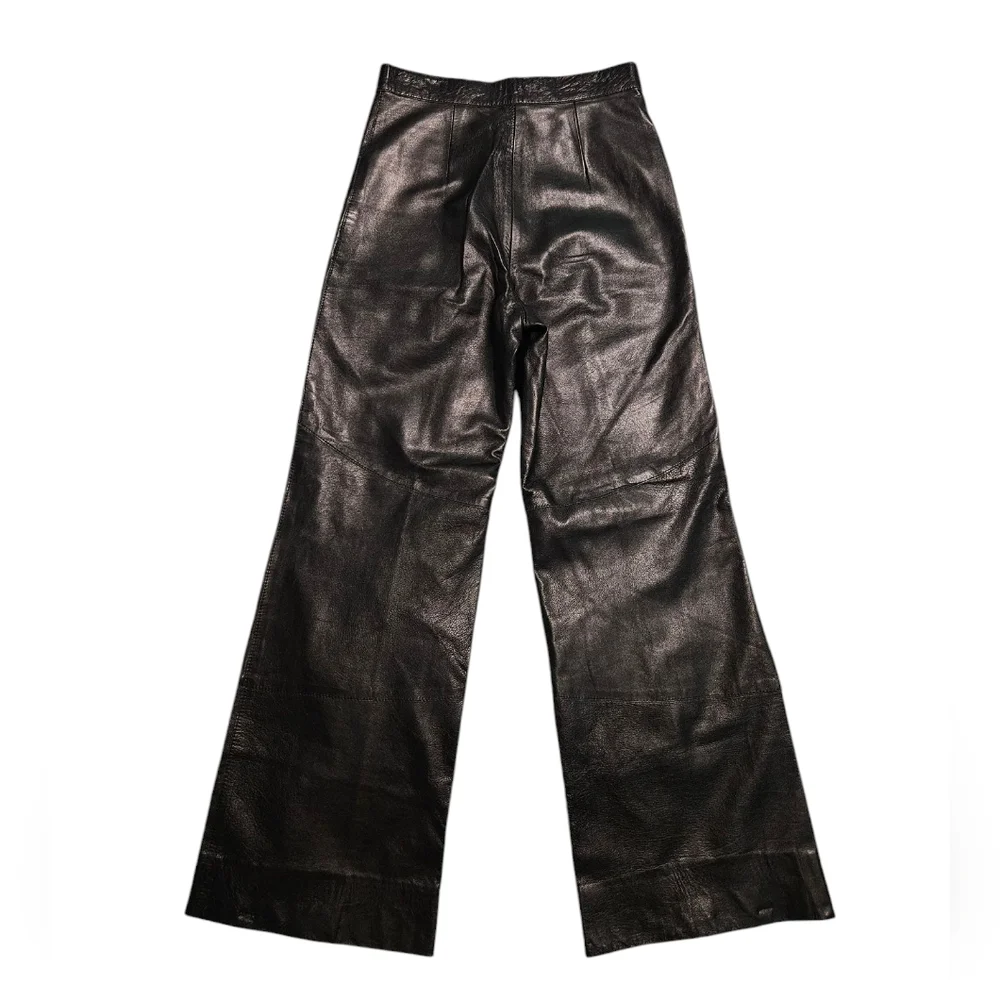 Black Leather Wide-Leg High-Rise Pants, Italy, 26" Waist / Italian 40 - Picture 2 of 7